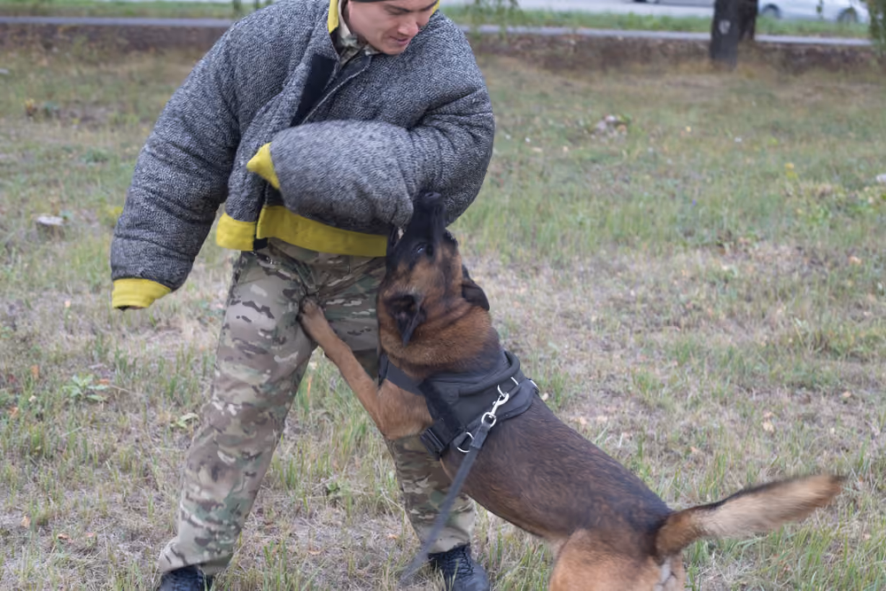 İdarecisinin yanında sakin ve kontrollü bekleyen koruma köpeği